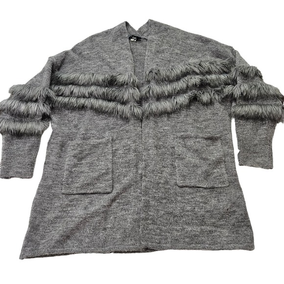 Sioni Sweaters - Sioni Women's Gray Mohair & Wool Blend Fur Accent‎ Cardigan Sweater. Size XL